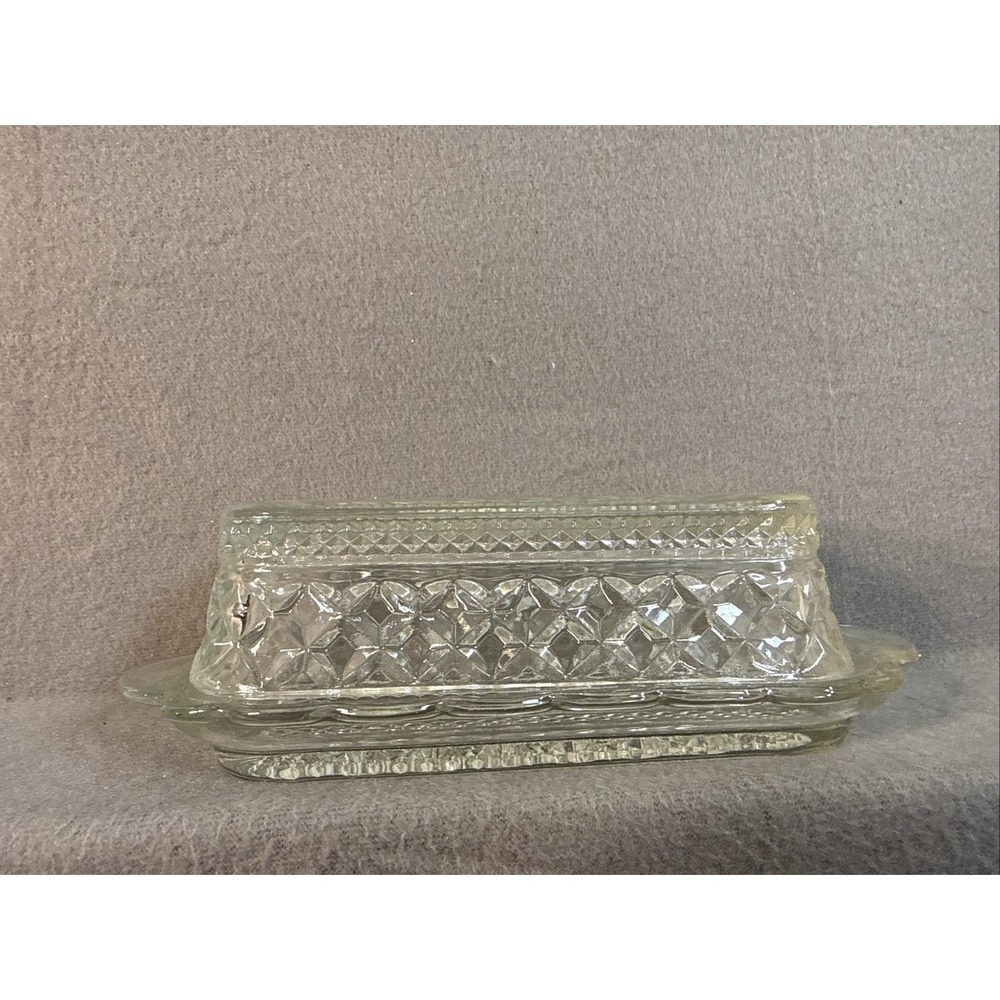 Old Diamond Point Wexford Anchor Hocking Clear Glass Covered Butter Stick Dish